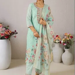 Indo Era Women Floral Printed Regular Thread Work Linen Kurta with Trousers & With Dupatta-picture-33