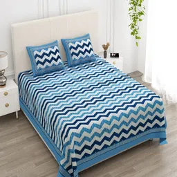 tundwal's White & Blue Chevron Printed Cotton 210 TC King Bedsheet Set 2.74 m x 2.28 m-picture-28