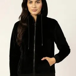 Hancock Women Solid Hooded Velvet Long Sleeves Front-Open Sweatshirt-image-36