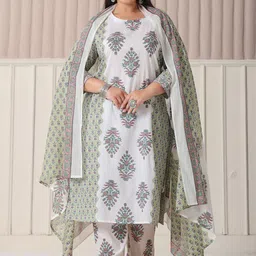 Yufta Women Floral Printed Regular Thread Work Pure Cotton Kurta with Trousers & With Dupatta-image-37