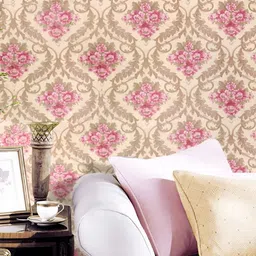 INDIAN ROYALS Cream & Pink Printed Damask Self-Adhesive Peel & Stick Waterproof Wallpaper-image-29