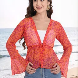 Fashfun Abstract Printed Tie Up Detail Bell Sleeve Empire Top-picture-17