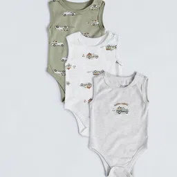 Juniors by Babyshop Infant Boys Pack Of 3 Vehicle-Printed Cotton Sleeveless Bodysuit-picture-26
