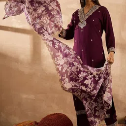 Indo Era Floral Embroidered Straight Zari Work Kurta With Trousers & Dupatta-picture-34