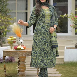 SKYLEE Women Floral Printed Regular Mirror Work Kurta with Trousers & With Dupatta image 3