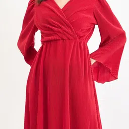 Styli Women Self Design Bell Sleeve Long Sleeves Gathered or Pleated Wrap Midi Dress image 4