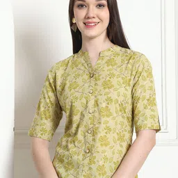 KALINI Women Floral Print Mandarin Collar Cotton Top-image-47
