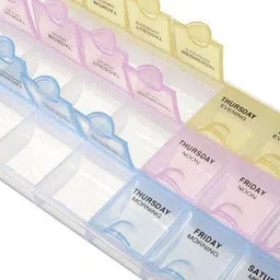 rabbonix Cells with daily detail caps makes it easy to dispense tablets. You can see through colored cover for easy viewing. It helps to keep track of the medication you take at different times of the day. You can store 03 weeks/21 days of tablets in this box. You can see pill box pills pastel colored tablets easily at it. package includes: 1 x pill box colour: As shown in image. Pill Medicine Organizer Reminder Storage Box for 7 Days, 3 Layer Pillbox Pill Box image 3