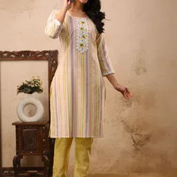 AUZAAI COLLECTION Striped Round Neck Thread Work Pure Cotton Straight Kurta With Trousers-picture-38