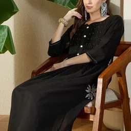 Indo Era Women Ethnic Motifs Embroidered Pleated Thread Work Pure Cotton Kurta with Trousers image 3