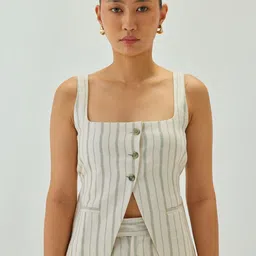 Shop Staple Off White & Green Linen Striped Square Neck Waistcoat-picture-5