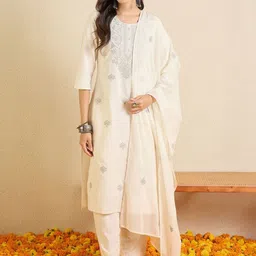 Indo Era Women Ethnic Motifs Embroidered Regular Thread Work Pure Cotton Kurta with Trousers & With Dupatta-picture-16