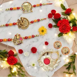MEIRA JEWELLERY Set Of 3 Stone-Studded & Beaded Rakhi With Greeting Card Gift Set-picture-15