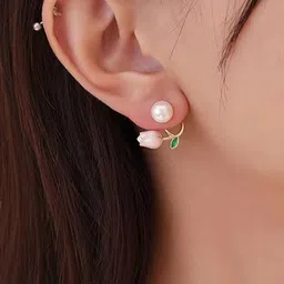 VAGHBHATT Gold-Plated Pearls Studded Floral Shaped Studs image 3