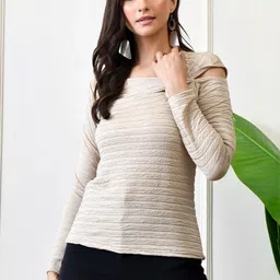 IUGA Textured Self Design Cut Out Asymmetric Neck Cold Shoulder Top-picture-15