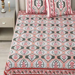 Myntra Elegant Homes Peach Printed Pure Cotton 180 TC King Bedsheet Set 2.74 m x 2.54m image 2