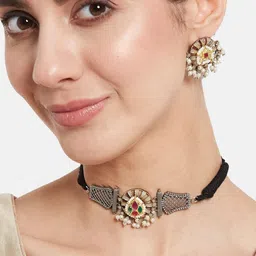anouk Sangria german silver-gold plated & multicoloured stone studded choker jewellery set image 2