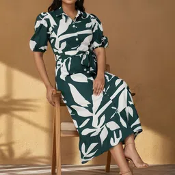 universe creation Floral Print Puff Sleeve Shirt Midi Dress image 5