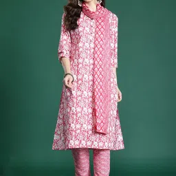 Indo Era Women Floral Printed Regular Pure Cotton Kurta with Trousers & With Dupatta image 4