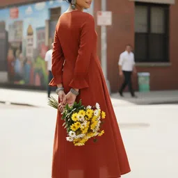 AADVIKA Round Neck Flared Sleeves Pleated A-Line Kurta With Trousers image 3