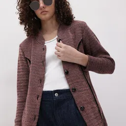 The Roadster Life Co. Horizontally Self-Striped Contrast Piping Woollen Longline Cardigan-picture-14
