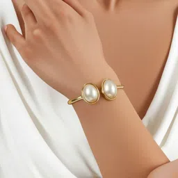 FABELE Stainless Steel Gold-Plated Artificial Stones Studded Cuff Bracelet image 3