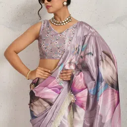 RACHNA Floral Printed Satin Saree Lace Border With Unstiched Blouse image 5