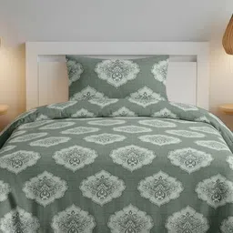 Sleeping Owls Green & White Floral 144 TC Single Bedsheet with 1 Pillow Covers-image-52