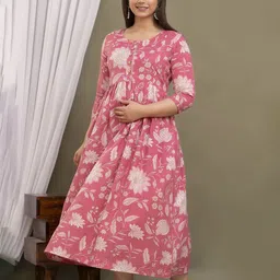 Tulsiram Floral Printed Pure Cotton Maternity Fit & Flare Dress-picture-11