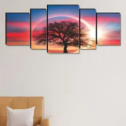 SAF Red & Blue 5 Pieces Tree & Sun Printed Wooden Wall Paintings-image-57