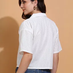 HERE&NOW Self Design Cuban Collar Crochet Shirt Style Top image 2