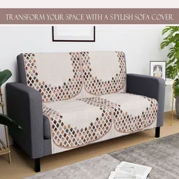 Aura 4 Pieces Cream & Brown Geometric Printed Velvet Sofa Covers image 3