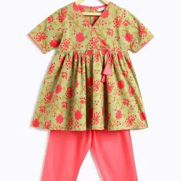 Campana Girls Floral Printed Angrakha Pure Cotton Kurta with Trousers-picture-48