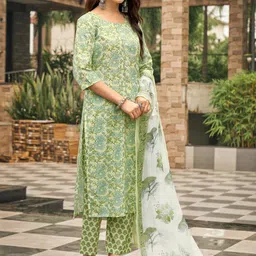 NAINVISH Floral Printed Straight Kurta with Trousers & Dupatta image 3