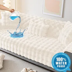 DREAM CARE Cream-Coloured & Cream-Coloured Solid Polyester 3 Piece Sofa Cover With Arms image 4