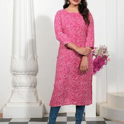 HEBA Bandhani Printed Round Neck Straight Kurta-image-4