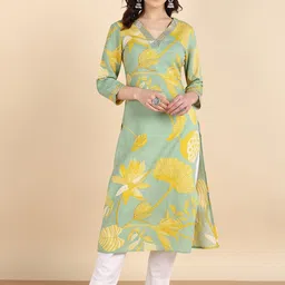 PinkTribe women Floral Printed V-Neck Straight Kurta-image-48