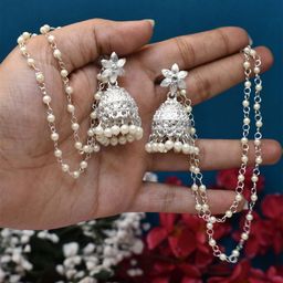 MEIRA JEWELLERY Silver-Plated Artificial Stones Studded & Beaded Dome Shaped Jhumkas-picture-8