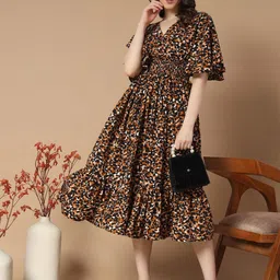 Raiyani Enterprise Women V-Neck Flared Sleeve Fit & Flare Midi Dress-image-81