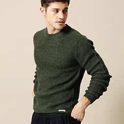 mr bowerbird Men Solid Round Neck Dark Green Sweater image 4