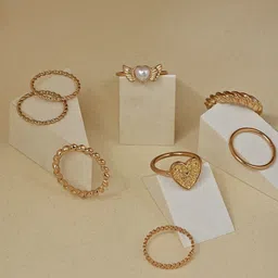 ToniQ Set Of 6 Gold-Plated Pearls Beaded Adjustable Finger Ring-picture-15