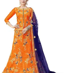 MANVAA Orange & Blue Embroidered Thread Work Semi-Stitched Lehenga & Unstitched Blouse With Dupatta-picture-11
