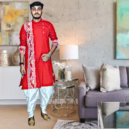 gouri collections Men Pure Cotton, Dupion Silk Kurta Dhoti Pant Set image 5