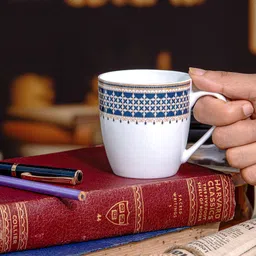 SONAKI 6 Pcs White & Blue Ethnic Motifs Printed Bone China Glossy Cups - 180 ML Each image 2