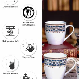 SONAKI 6 Pcs White & Blue Ethnic Motifs Printed Bone China Glossy Cups - 180 ML Each image 4