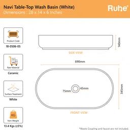 ruhe Navi Premium White Glaze Ceramic Table Top Wash Basin 28 x 14 x 6 Inches Over Counter Basin For Bathroom and Kitchen Counter Top image 2