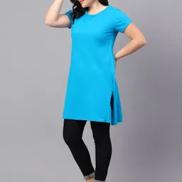 fleximaa Pack of 2 Women Solid Round Neck Pure Cotton Navy Blue, Light Blue T-Shirt image 2