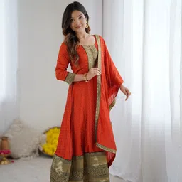 vastrahaar Women Solid Georgette Ethnic Dress With Attached Dupatta image 3