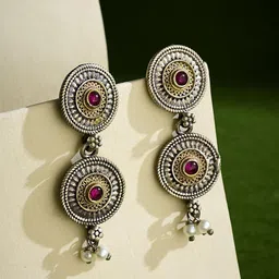 Fabindia Artificial Stones Studded Oxidised Circular Shaped Drop Earrings-picture-11