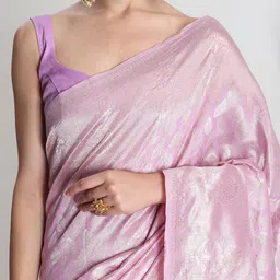 Janasya Lavender Leaf Motifs Woven Design Banarasi Saree with Blouse Piece image 2